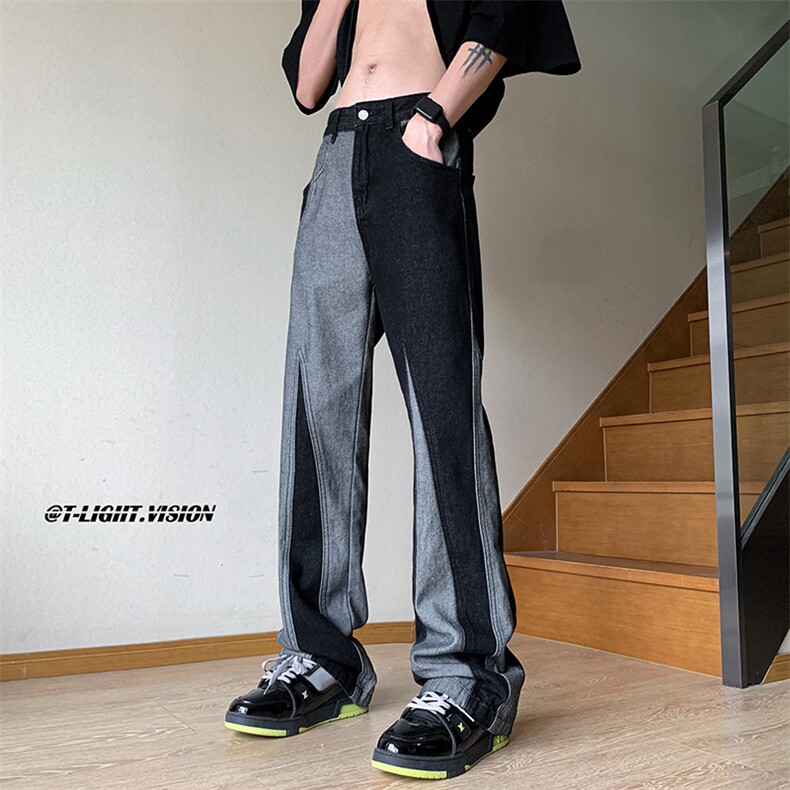 B221 美式ins高街小众情侣个性款拼接微喇牛仔裤 LK23095-P65控88图片