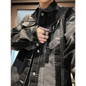 工装风拼接牛仔夹克男翻领宽松百搭外套青年纽扣上衣JA36-特价P58图片