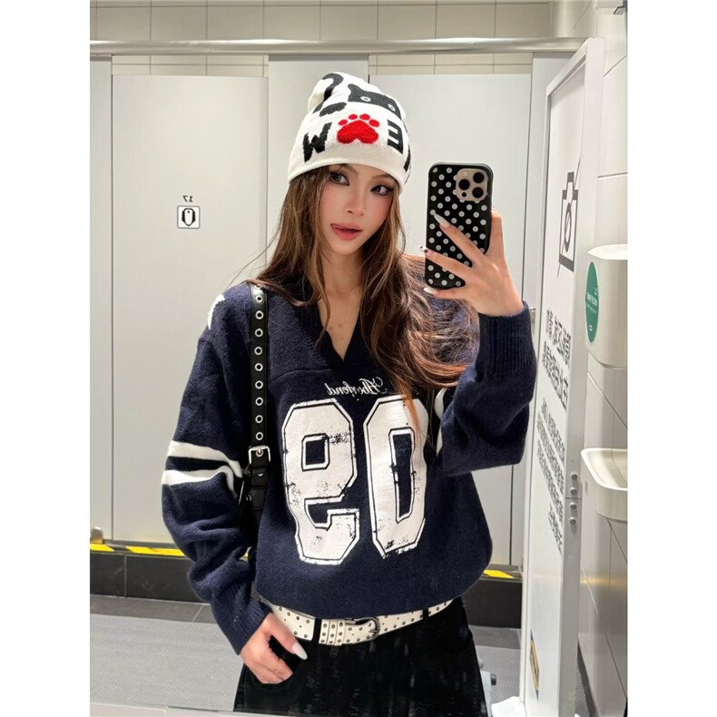 美式复古休闲长袖早秋新款女装设计感小众慵懒风甜酷辣妹毛衣上衣,男装针织衫/毛衣,星座516A