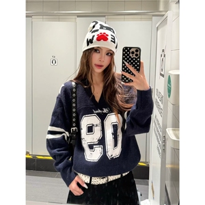 美式复古休闲长袖早秋新款女装设计感小众慵懒风甜酷辣妹毛衣上衣,适合胖女孩的酷穿搭图片