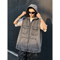 美式复古做旧连帽马甲潮流宽松休闲时尚设计感夹克，男装夹克，星座410-7