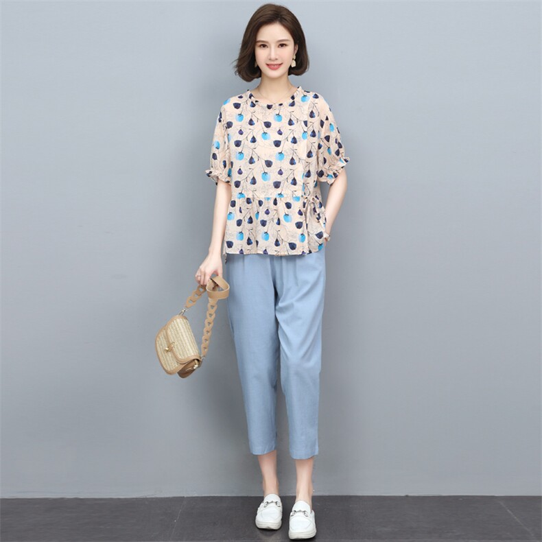 休闲时尚棉麻套装夏女装2025新款太洋气减龄妈妈小个子两件套，女装套装/套裙，奕阳依阁