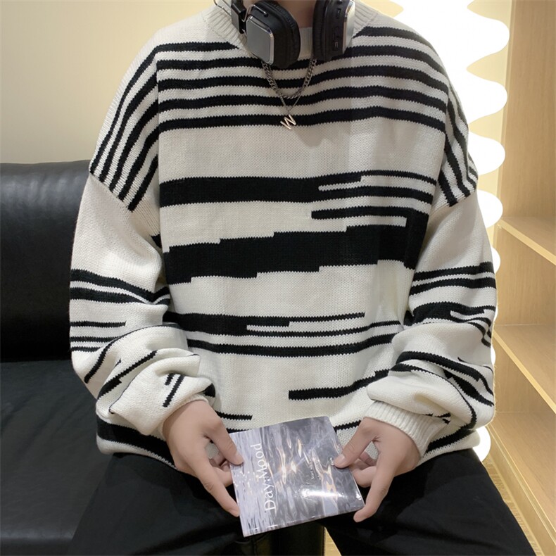 秋冬季条纹慵懒风绒衫圆领套头针织衫黑白宽松毛衣M827-P35,男装针织衫/毛衣,星座512-2