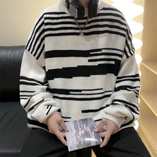 秋冬季条纹慵懒风绒衫圆领套头针织衫黑白宽松毛衣M827-P35，男装针织衫/毛衣，星座512-2