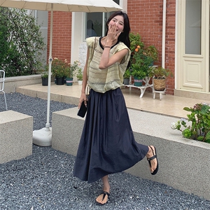 韩版慵懒风无袖条纹T恤套装女2025夏季新款显瘦高腰半身裙两件套图片