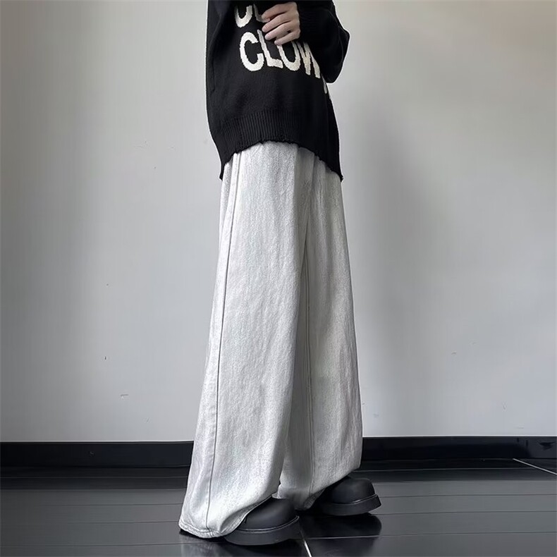 春秋男士复古牛仔裤白色水洗阔腿休闲潮流百搭牛仔长裤,男装牛仔裤,星座1013
