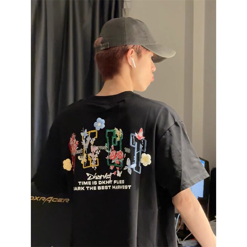 万针全刺绣工艺抖音得物高品质260克重磅纯棉双纱美式高街短袖T恤,男装T恤,电商A486-1