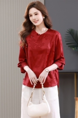 中老年妈妈装红色杭州丝绸真丝衬衫女长袖桑蚕丝提花高档小衫上衣，女装衬衫，江忆布依
