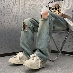 裤子男潮牌高街vibe风破洞牛仔裤男宽松直筒复古乞丐裤80400-p45图片
