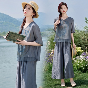时尚气质印花棉麻套装女夏2025新款洋气减龄妈妈宽松阔腿裤两件套图片