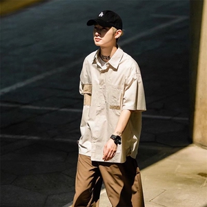 日系夏季cityboy半袖衬衫男高街拼接设计感工装短袖衬衣W3161-P28图片