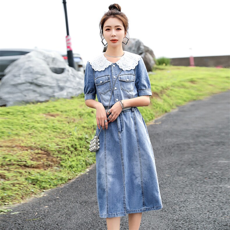 法式复古蕾丝娃娃领牛仔连衣裙2022夏季新品气质女牛仔裙减龄气质,女装连衣裙,意芙