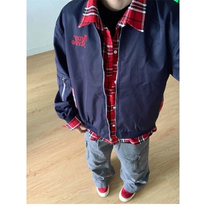 美式小众格子拼接假两件外套男女复古工装夹克棒球服潮JK8561-70图片