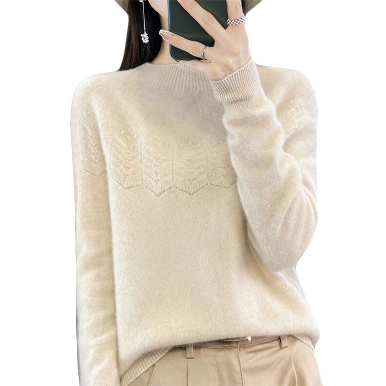 一线成衣针织100%羊毛衫女半高领花朵镂空宽松套头毛衣打底羊绒衫,女装羊毛衫,鲁菏羊绒