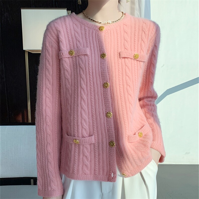 圆领扭花100%纯羊毛衫女秋冬新款小香风长袖外套毛衣宽松羊绒衫上，女装羊毛衫，冀清阳荣