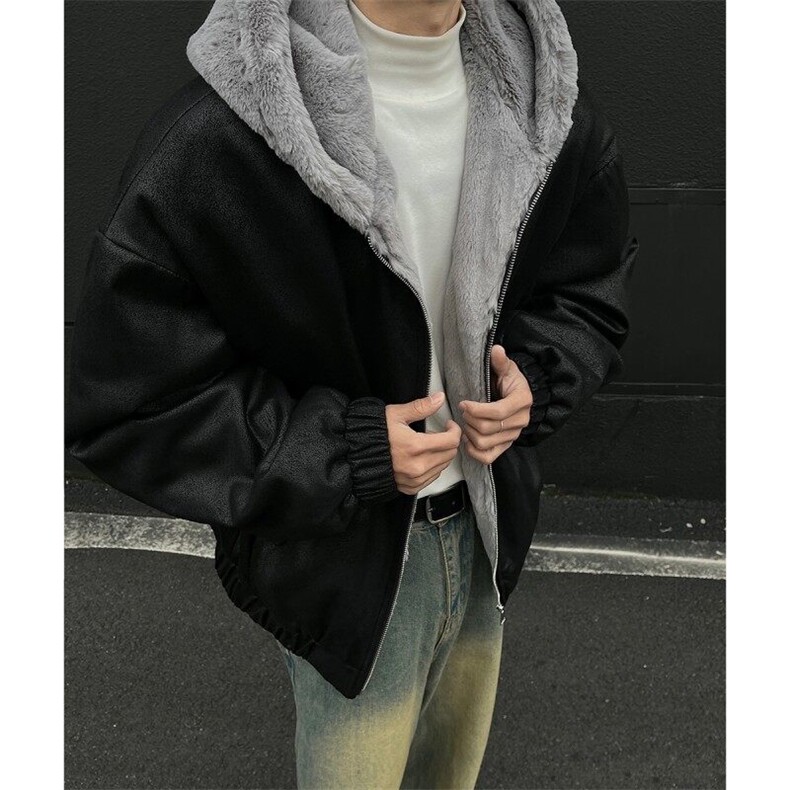 xz514-816-P125 新款上架【座山雕】毛绒连帽棉服加绒黑墙图片