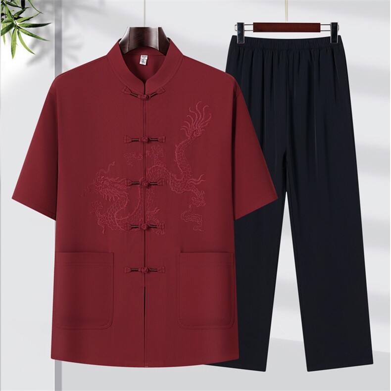2025夏季薄款高端风绣花冰丝短袖衬衫唐装汉服套装9038-P95,男装衬衫,星座1105-3