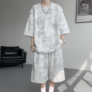 TZ795-特55  控98 夏季高街痞帅扎染圆领大码短袖套装男六分裤图片