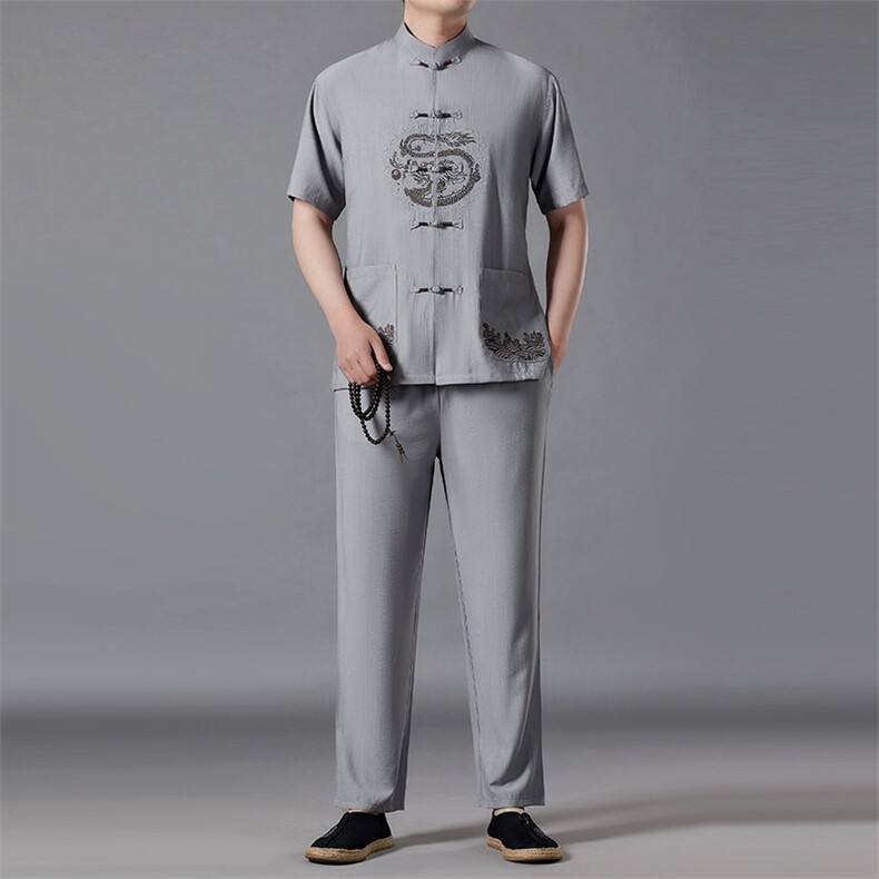 夏季新款男士刺绣风短袖套装中年爸爸装薄款唐装JZ62312-P100图片