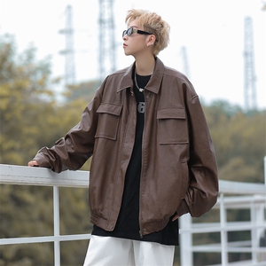 A927-P66 潮牌ins宽松百搭机车服皮衣男春秋季潮流皮夹克外套图片
