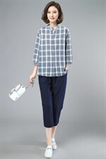 时尚套装女夏装两件套棉麻格子衬衫洋气矮个子显高减龄亚麻休闲裤，女装套装/套裙，奕阳依阁