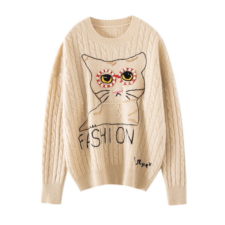 35%羊绒衫秋冬季新款舒适时尚百搭女式圆领绞花立体图案羊绒衫，女装羊绒衫，窄众羊绒