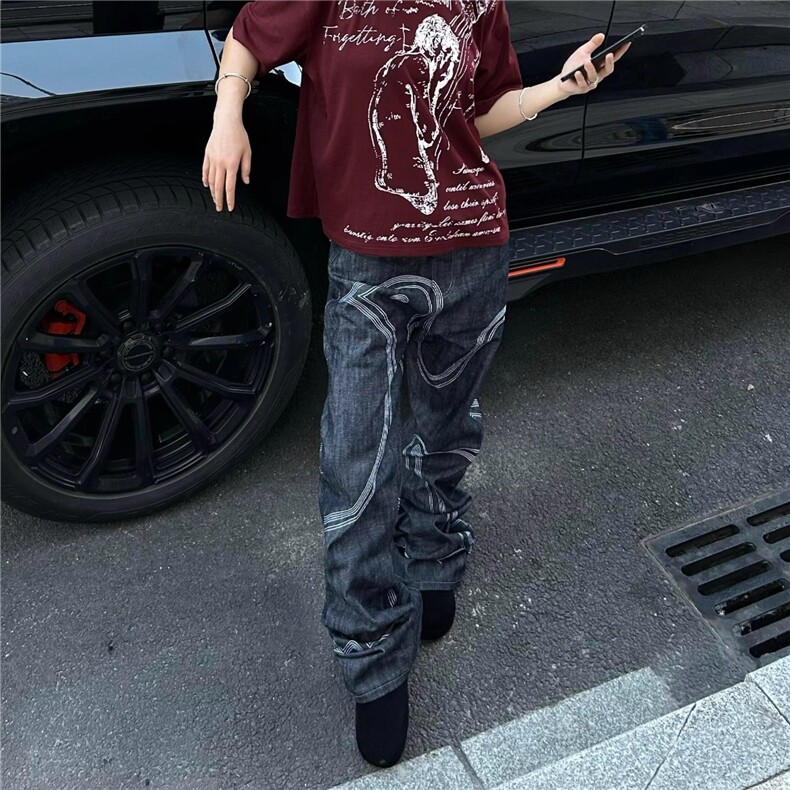 美式复古原牛设计感鸽子刺绣牛仔裤男女潮牌hiphop宽松直筒长裤,男装牛仔裤,四季星座505