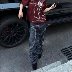 美式复古原牛设计感鸽子刺绣牛仔裤男女潮牌hiphop宽松直筒长裤，男装牛仔裤，四季星座505