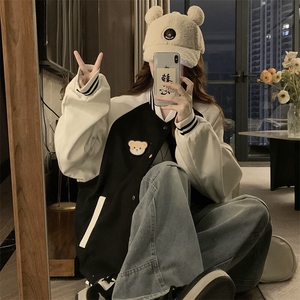 春季新款港风日系立领拼色棒球服魔术贴小熊夹克外套JK1411-P85