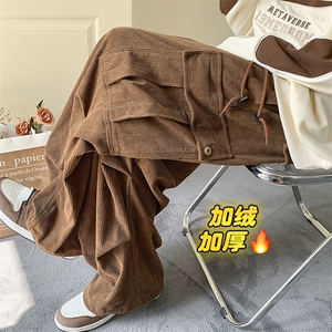 冬款阿美咔叽大码加绒加厚灯芯绒阔腿宽松工装裤K23027J加绒-P80