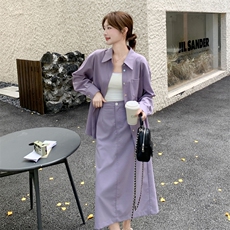 紫色温柔系穿搭打底衬衫套装女秋季2025新款休闲显瘦半身裙两件套，女装套装/套裙，2C198