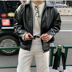 816B-PY016-P105韩风男士宽松连帽皮夹克黑色痞帅皮衣，男装皮衣，星座816B