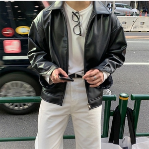 816B-PY016-P105韩风男士宽松连帽皮夹克黑色痞帅皮衣