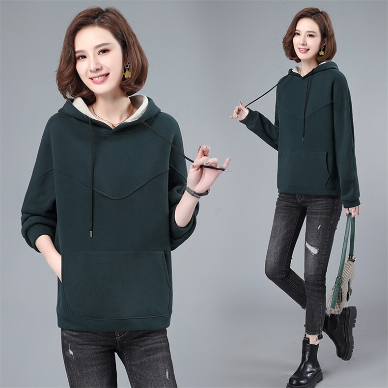 长期现货，冬季新款时尚休闲简约纯色螺纹直筒长袖加绒连帽卫衣，女装卫衣/绒衫，涵誉