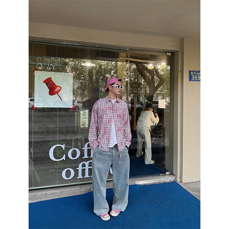 美式复古撞色拼接格子长袖衬衫男女春夏新款防晒宽松休闲衬衣外套,男装防晒衣,星座218-1（原230）