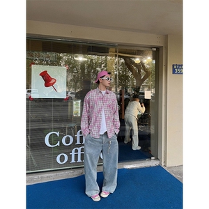 美式复古撞色拼接格子长袖衬衫男女春夏新款防晒宽松休闲衬衣外套图片
