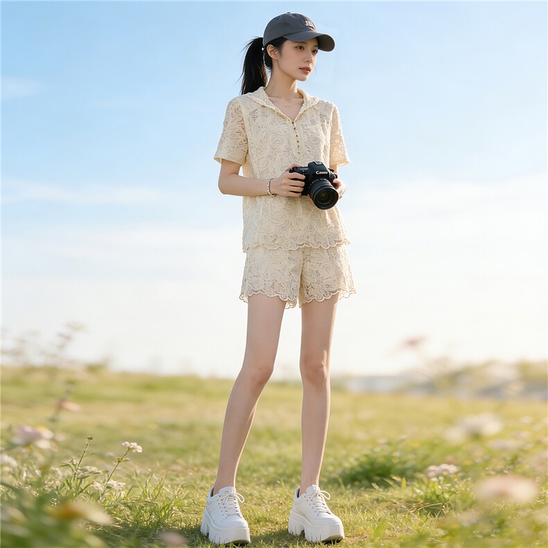 盐系高级感时尚气质套装女夏新款蕾丝碎花连帽短袖阔腿短裤两件套，女装套装/套裙，江南