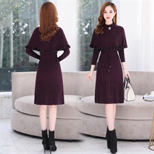 2021年秋季新款气质显瘦两件套斗篷毛衣连衣裙，女装连衣裙，金典明美