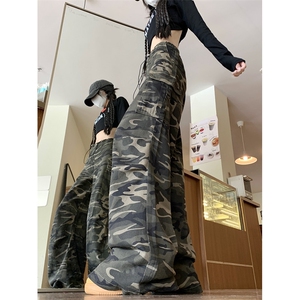 复古迷彩工装裤男女秋季宽松直筒美式裤子高街痞帅微喇伐木裤图片