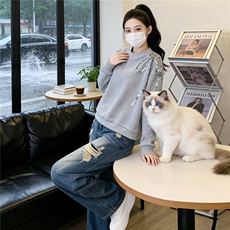 盐系穿搭休闲时尚套装女春款圆领刺绣长袖上衣破洞牛仔长裤两件套，女装套装/套裙，江南