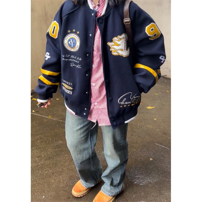 25秋冬新款美式重磅棒球服外套字母刺绣撞色拼接夹克宽松休闲上衣,男装夹克,星座601-1