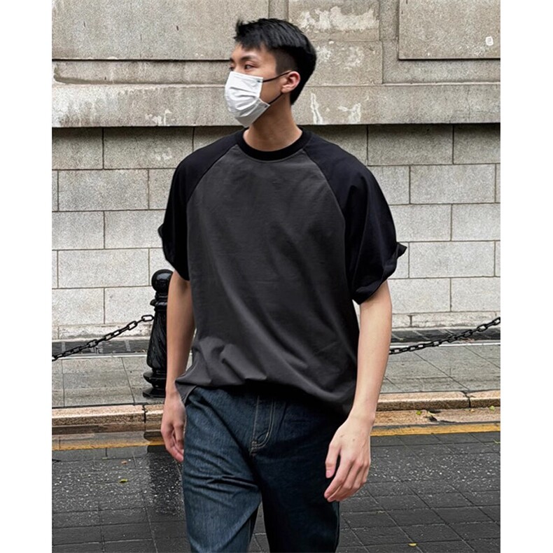 抖音得物高品质二开240克宽松纯棉美式潮牌插肩袖拼接短袖T恤,男装T恤,电商A486-1