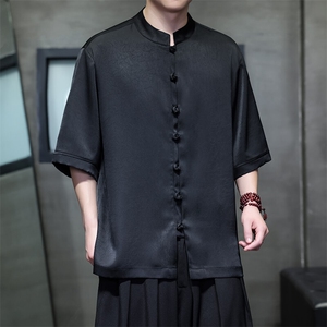 新款醋酸缎面短袖衬衫风新中式五分袖男夏季垂感大码CS888P65，男装衬衫，电商A021A