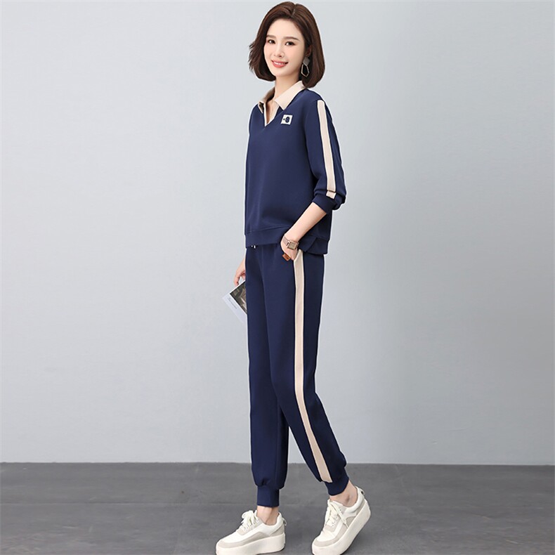 时尚休闲翻领绣花撞色套装显瘦百搭长袖运动服两件套,女装套装/套裙,依恋蒂丝