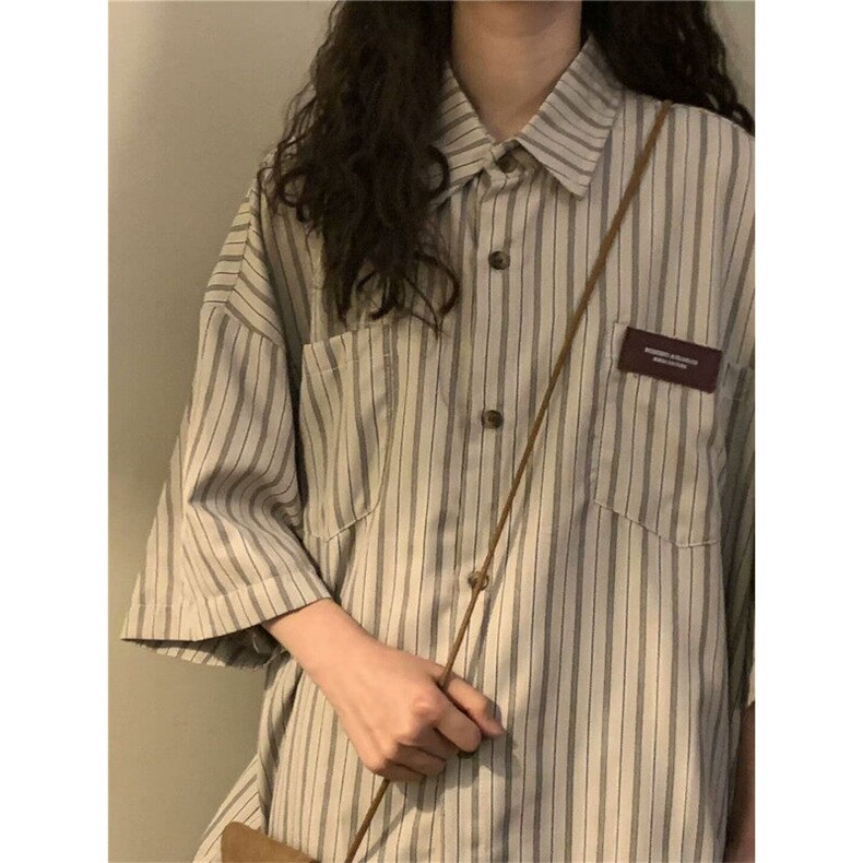 D583-P35新款日系女宽松百搭学院风短袖条纹衬衫上衣夏-网图现货图片