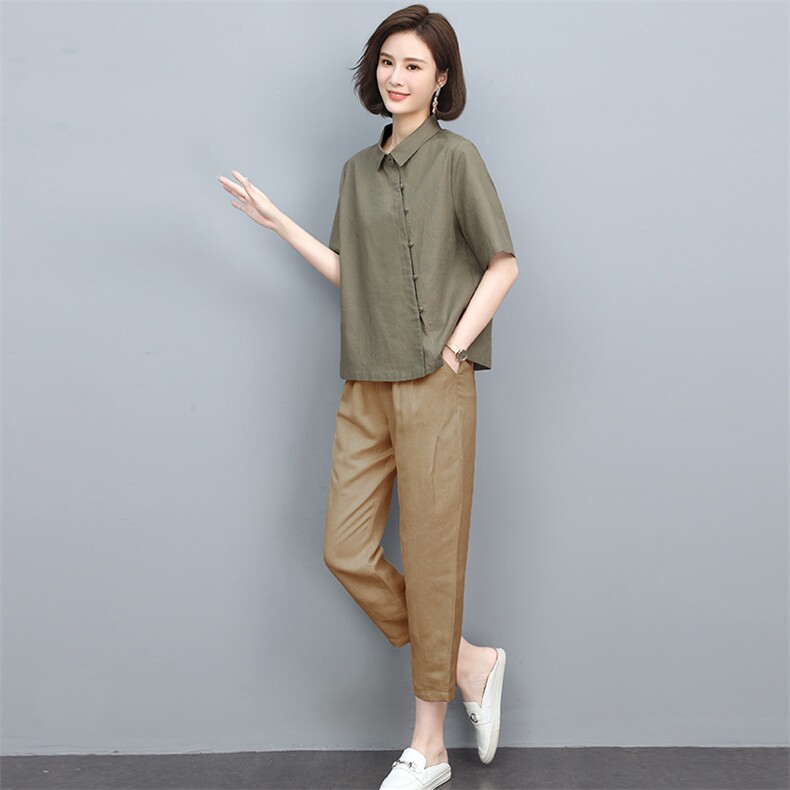 时尚休闲套装女2025新款夏装薄款棉麻翻领韩版宽松显瘦洋气两件套,女装套装/套裙,忆绮罗