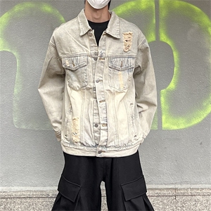 水洗做旧牛仔夹克外套男春秋季潮流破洞美式复古痞帅休闲JKN1223图片