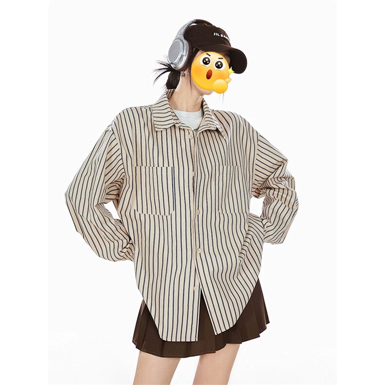 撞色条纹衬衫男款春秋季美式复古学院风青少年痞帅高级感长袖衬衣图片
