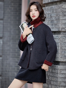 时尚撞色双面绵羊毛外套女2025秋冬新款宽松显瘦气质翻领毛呢大衣图片