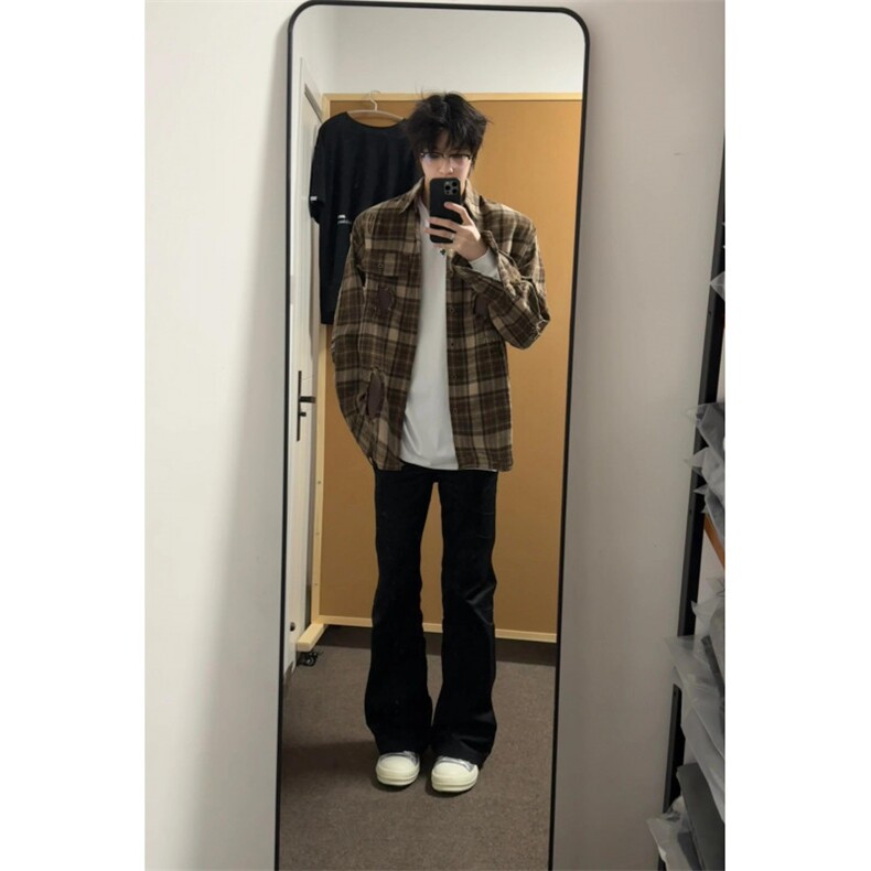 【网图】棕色格子贴布衬衫男长袖美式复古设计感衬衣C49WW-特P55图片